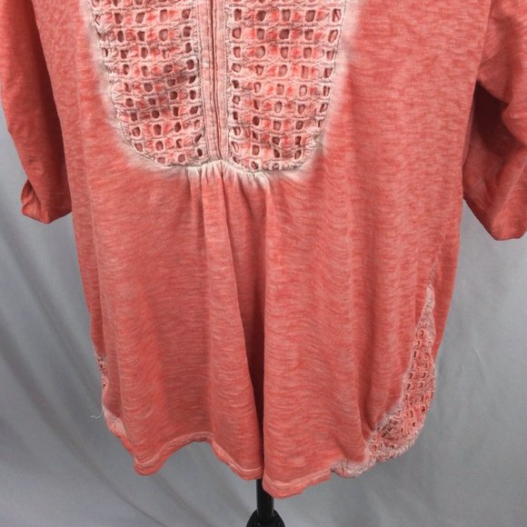 Womens Boho Peasant Top Size XL Jersey Knit Roll Tab Sleeves Lace - Picture 6 of 8